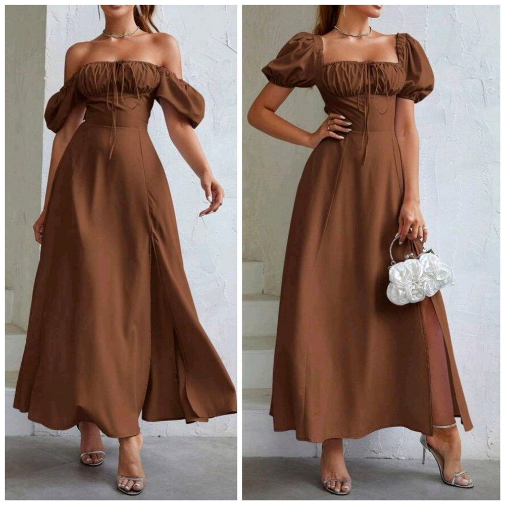 New Vintage Look Tie Ruched Top Split Maxi Dress Brown